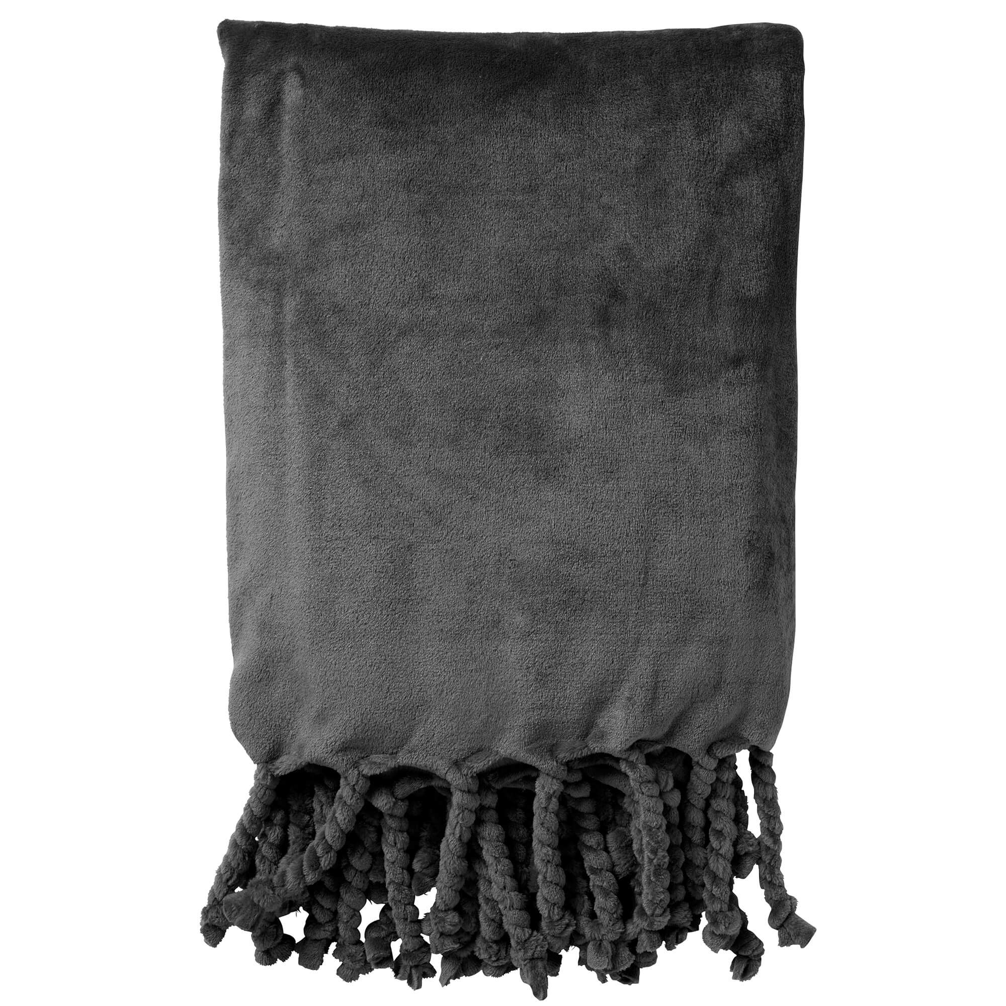 FLORIJN - Plaid 150x200 cm - grote fleece plaid met flosjes - Charcoal Gray - antraciet