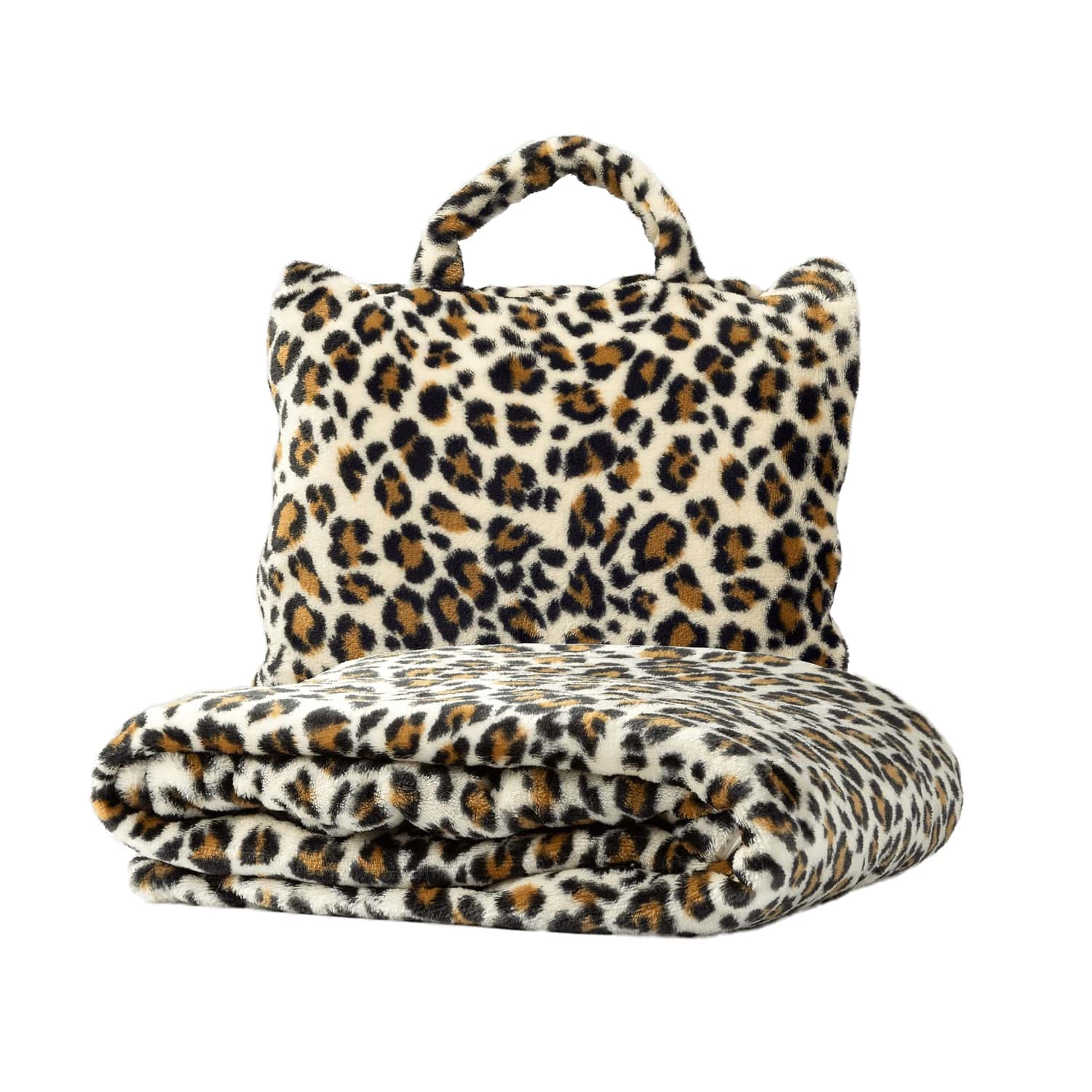 TANJA - Plaid to Go - Deken & Kussentje in één - 130x150 cm - Pumice Stone - Leopard - ideaal voor onderweg - opvouwbaar tot handig tasje